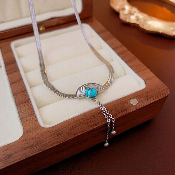 Silver Tone Classic Chic Faux Turquoise Tassel Pendant Necklace Adjustable 18" - Picture 3 of 12